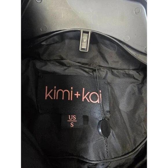NWT Kimi + Kai Womens Black Faux Fur Trim Hooded Quilted Down Long Jacket Size S